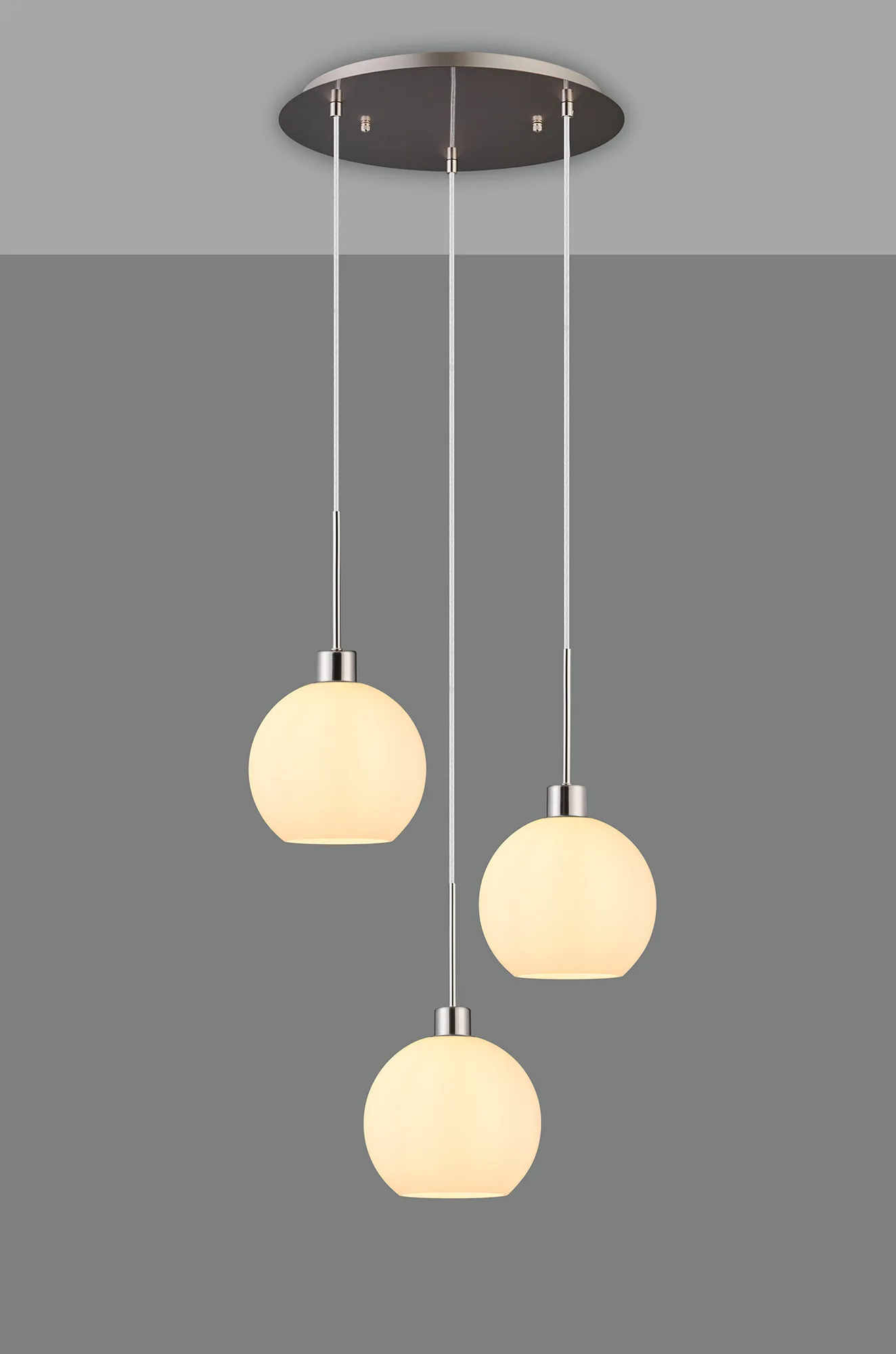 Lori 40cm Round Pendant, 3 Light Adjustable E27, Satin Nickel/Opal Open Mouth Round Globe Shades DK1366  Deco Lori Satin Nickel